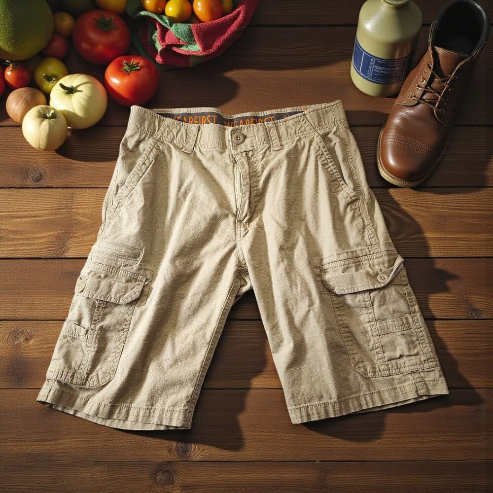 WearFirst Mens Size 32 Tan Cargo Shorts Ripstop Utility Pockets Outdoor Hiking